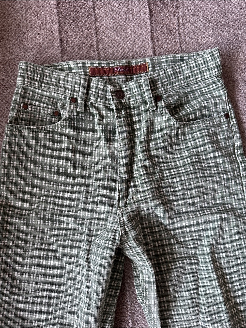 Vintage Y2K Onat Jeans Green Plaid Check Flare Pants W30 L32